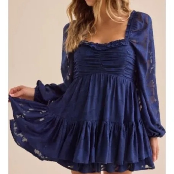 Altar'd State Clairyn Tiered Square Neck Ruffle Long-Sleeve Mini Dress Navy XS - Picture 3 of 13